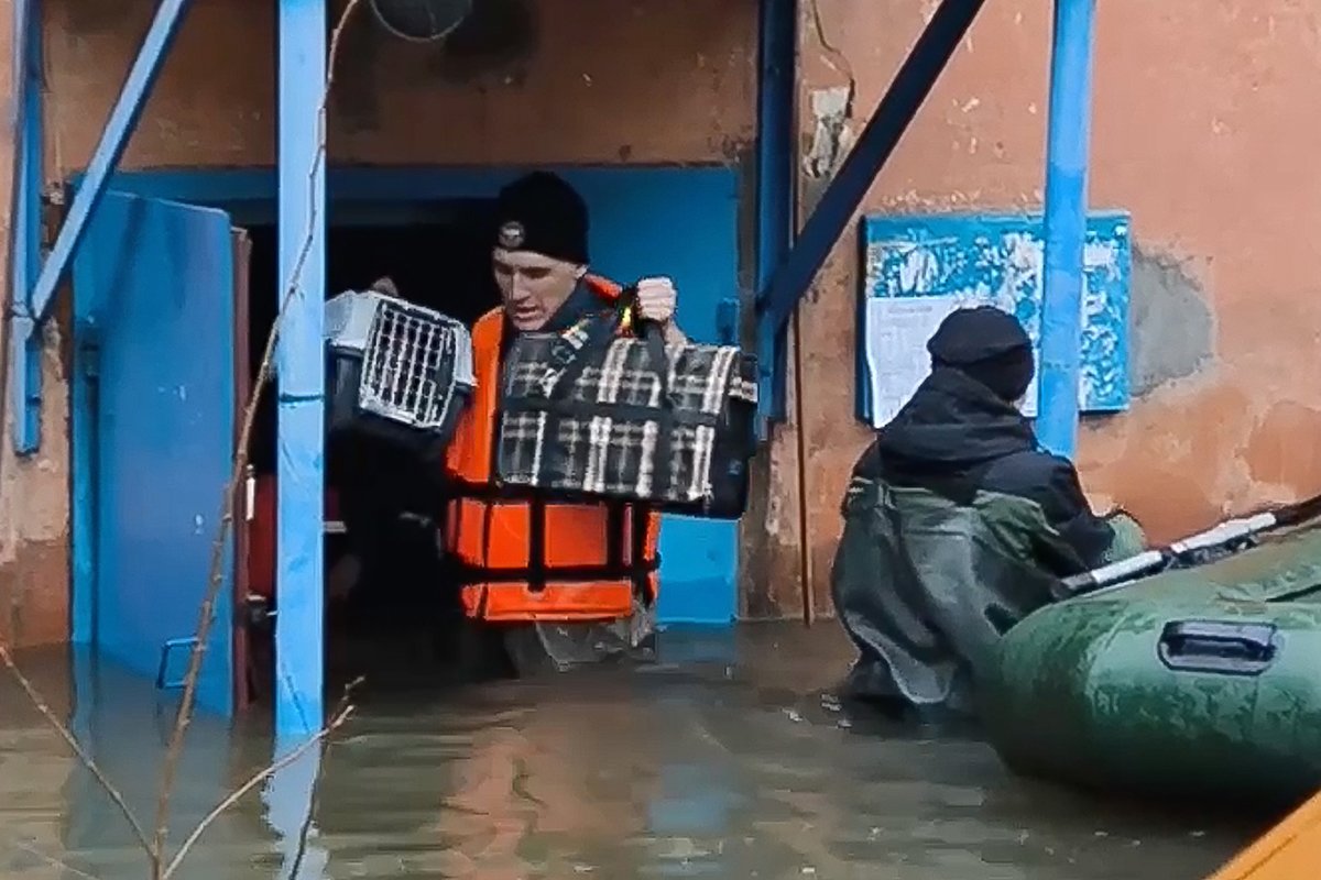 На фотографии, взятой из раздаточного видеоролика, предоставленного Министерством по чрезвычайным ситуациям России, видно, как спасатели МЧС России эвакуируют жителей из зоны наводнения в Орске, Оренбургская область, Россия, 7 апреля 2024 года. Фото: Раздаточный материал пресс-службы МЧС / EPA-EFE