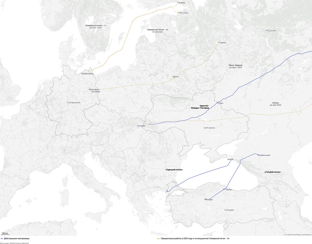 Карта действующих и утраченных маршрутов поставок российского газа в Европу. Фото: Global Energy Monitor